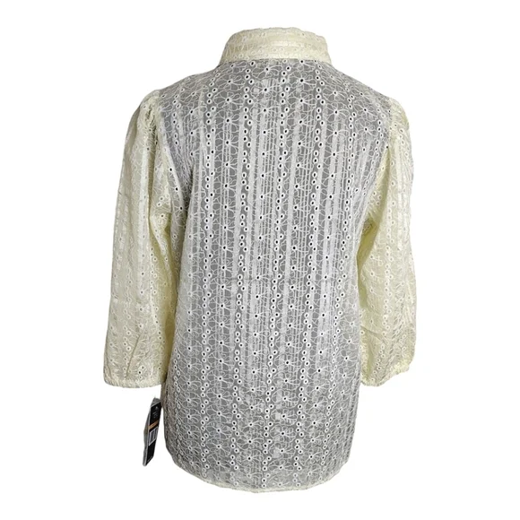 Nanette Lepore Eyelet Embroidery Blouse Three qtr Sleeve Pale Yellow Small - Picture 3 of 8